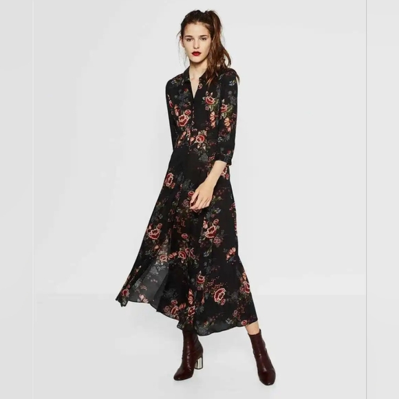 Zara Black Multicolor Floral Boho Maxi Dress - Picture 1 of 12